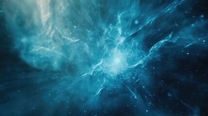Dynamic blue energy radiates from a central core into luminous particles and gaseous streams across deep space, evoking cosmic power, data flow, and futuristic motion