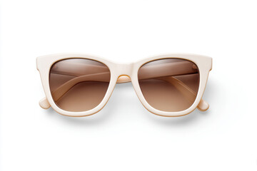 Stylish white round sunglasses on light background