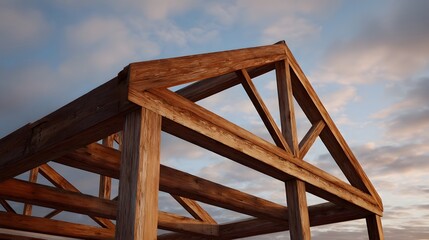 Wooden building framework under a cloudy sky at dawn showcasing raw construction and natural materials