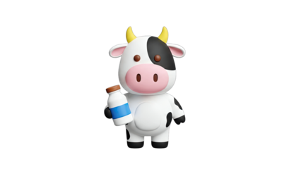 Cartoon Cow Holding Milk Bottle on White Background