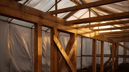 Fototapeta premium Interior view of an unfinished wooden frame structure covered in translucent sheeting bathed in warm dramatic golden hour sunlight