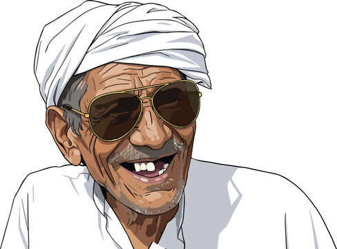 Indian rural old man wearing cooling glass vector illustration