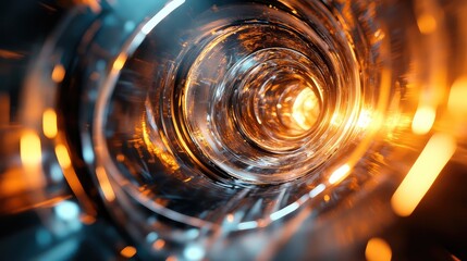 Abstract glowing tunnel featuring vibrant orange and blue light trails, creating a dynamic background for concepts like data transmission, speed, technology, and digitalization