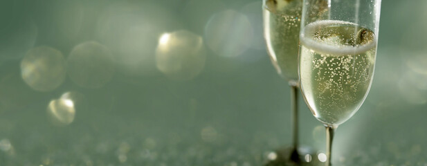 Two elegant champagne glasses filled with sparkling wine and bright blurred bokeh lights in modern setting. Abstract background for sophisticated celebrations. Close-up with space for text.