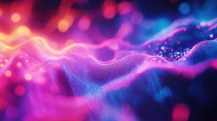 Abstract network displaying flowing data particles and vibrant neon light waves, creating a dynamic visual of technological connectivity and future oriented concepts