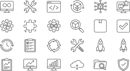 A comprehensive vector line icon set illustrating crucial concepts in modern software development, DevOps, continuous integration, and engineering processes. © MstBabli
