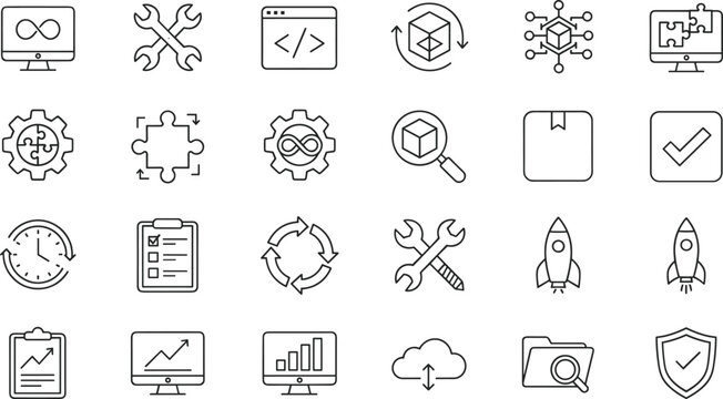 A comprehensive vector line icon set illustrating crucial concepts in modern software development, DevOps, continuous integration, and engineering processes.