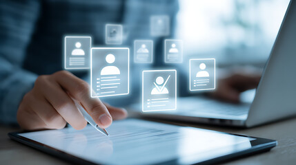 Person interacting with digital profiles on tablet and laptop people icons