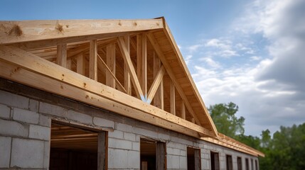 A new building under construction features exposed wooden roof trusses and concrete block walls against a cloudy sky
