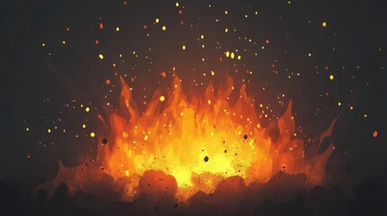 Burning fire creating a vibrant display of hot flames and glowing golden sparks against a dark background, representing warmth, power, and dynamic energy