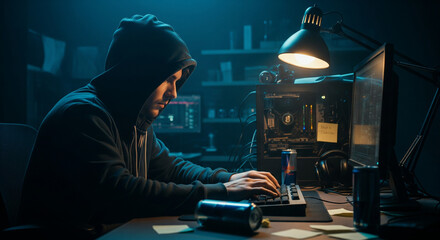 Code of Darkness: A cloaked individual intensely focused, typing on a computer in a dimly lit room, the screen illuminating their face as they delve into the digital realm.
