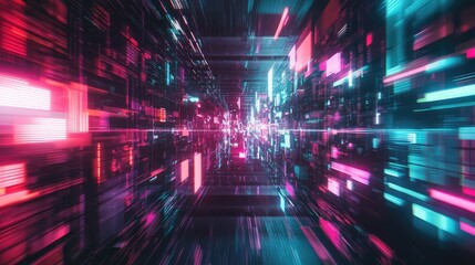 Abstract tunnel representing high speed data transfer or virtual reality, featuring glowing neon pink and blue electronic elements creating a sense of digital movement and connection