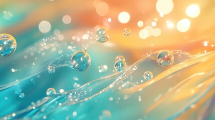 Abstract liquid surface depicting clear water bubbles and sparkling particles flowing dynamically against a bright, colorful background creating a sensation of freshness and movement
