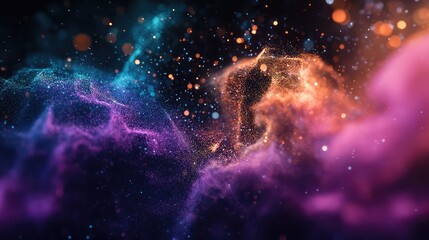 Obraz premium Abstract background featuring countless glowing particles swirling in vibrant colors, forming dynamic energy flows and a celestial or technological visual concept