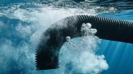 Underwater pipe releasing water creating bubbles and a dynamic visual effect.