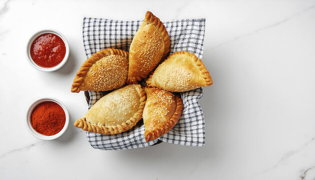 Argentine empanadas overhead flat lay with salsa criolla