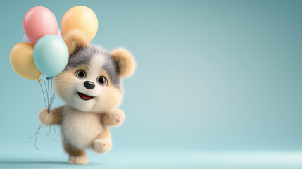 Happy puppy holding colorful balloons on soft clean minimal background