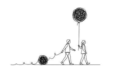 A couple walking: the man drags a tangled ball of line, while the woman holds a similar tangle aloft like a balloon, symbolizing shared burdens and different approaches.