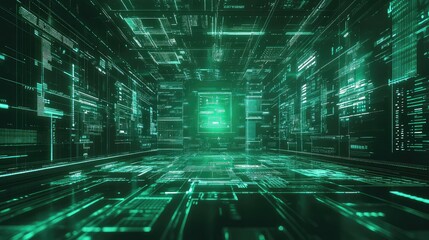 Digital data processing tunnel with flowing binary and code, glowing network connections and neural like structures visualizing big data, ai, machine learning and virtual systems