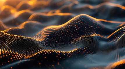 Abstract digital landscape featuring glowing orange particle waves on a dark background, representing data flow, energy, technology, and interconnected networks