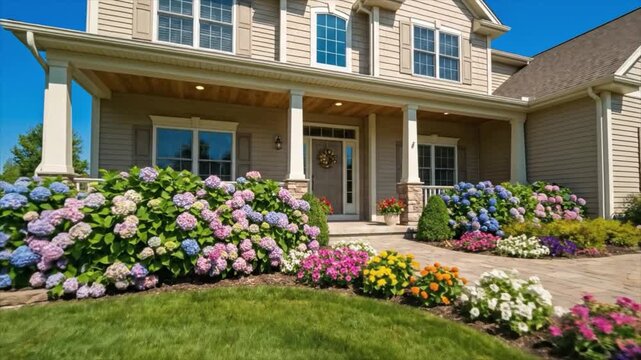 Beautiful home with vibrant hydrangea bushes and colorful flowers blooming in a lush garden during daytime