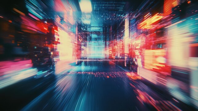 Dynamic visual representation of data transfer and network speed, depicting a futuristic digital street or information tunnel with fast moving light streaks and abstract elements - Powered by Adobe