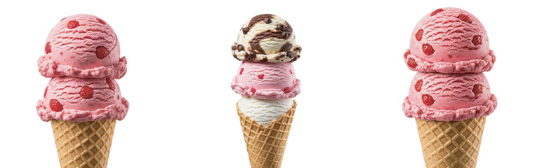 A delightful trio of colorful ice cream cones with various scoops on a white background