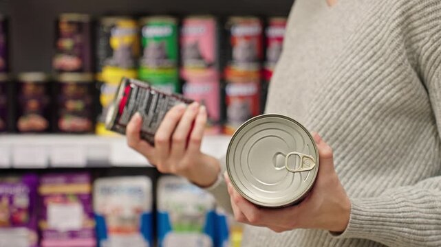 Woman choosing and comparing canned wet pet food in a store aisle, responsible pet owner making careful selection for pet care and well-being.