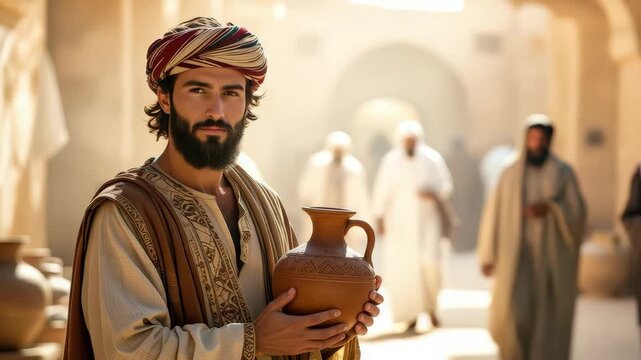 A man in ancient biblical attire holding a clay water jug. Portrait of a historical Middle Eastern person in a traditional city. Religious and historical narrative concept