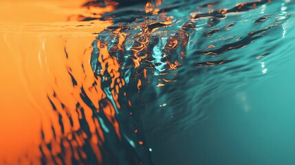 Water surface creating an abstract background with vibrant orange and blue reflections, showing dynamic fluid motion and light refraction from an underwater perspective