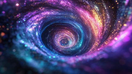 Abstract glowing particles forming a deep, colorful vortex, creating a dynamic energy flow suitable for themes of technology, space, or mystical concepts, showing a vibrant visual effect