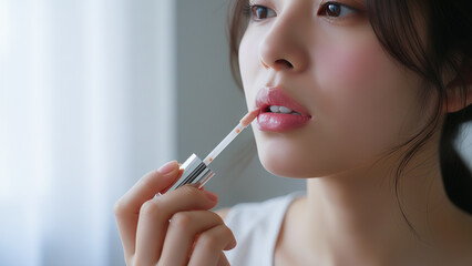 Asian young woman applying lip gloss.