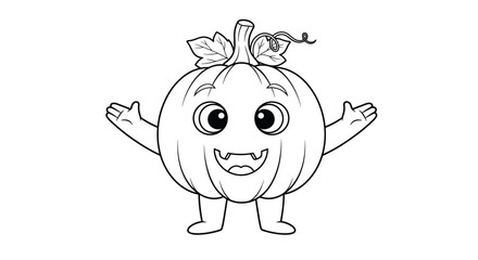 Friendly pumpkin character with big eyes and wide smile stretches arms wide inviting kids to celebrate autumn harvest and halloween coloring fun.