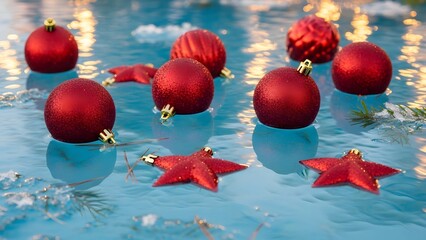 Red christmas baubles and stars floating on blue water