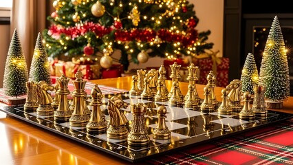 Festive gold chess set in front of a christmas tree