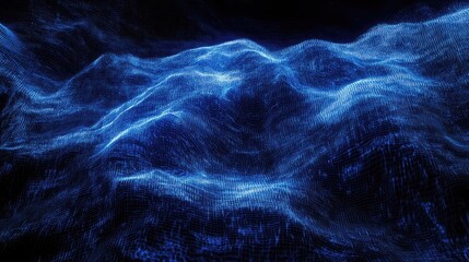 Blue glowing particles form an abstract undulating digital wave pattern, representing data visualization, network connections, and technological innovation in a futuristic context