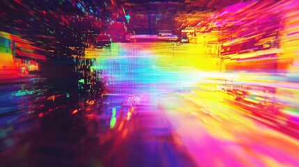 Abstract background showing colorful light trails and pixelated patterns creating an immersive sensation of high speed data transfer within a dynamic cyberspace dimension