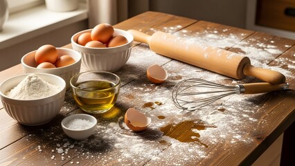 Baking ingredients laid out on a rustic wooden table