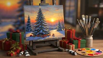 Winter landscape painting on easel with christmas gifts