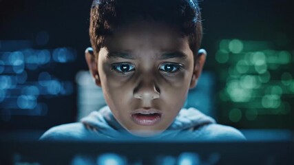 Young boy engaging with augmented reality technology in a dark futuristic - Powered by Adobe