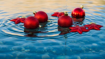 Red christmas ornaments floating on rippling blue water surface