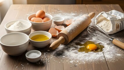 Rustic baking preparation with flour eggs and rolling pin