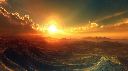 Obraz premium Futuristic wireframe mountain ranges glow beneath a dramatic starry sky, merging digital topography, data networks and an alien sunset into a sci fi, tech landscape concept