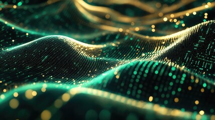 Glowing digital particles form an abstract wave of interconnected data, symbolizing global networks, ai driven information flow and futuristic high tech communication systems