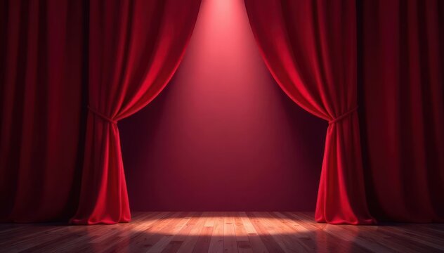 Deep red curtains dramatically pulled back, bright spotlight center stage, show, performance