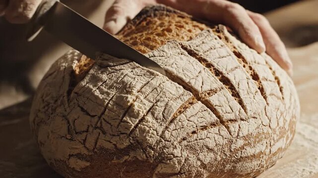 Artisan sourdough boule being scored by a knife, showcasing its rustic crust and texture