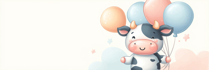 Excited cow holding pastel balloons in a wide open space