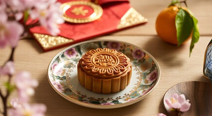 Traditional mooncake on decorative plate with flowers and fruit on table