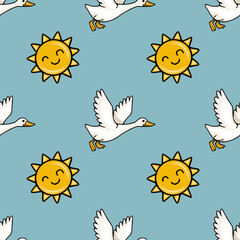 Cheerful white geese flying across a serene blue sky with smiling suns, a delightful seamless vector pattern for whimsical designs.