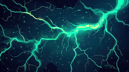 Electrical discharge creating a complex network of bright green and yellow neon lines against a dark background, representing power, energy, connection, and technology